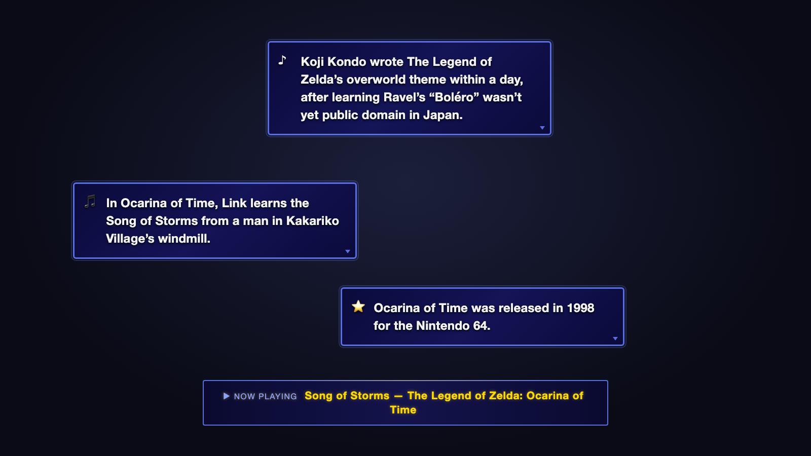 An example stream screen. Three blue game-style boxes show facts about the Song of Storms from The Legend of Zelda: Ocarina of Time, such as its 1998 release on the Nintendo 64. A gold Now Playing banner at the bottom names the song.